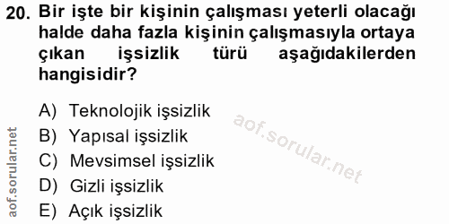 20. soru: Bir işte bir kişinin çalışması yeterli olacağı halde daha fazla kişinin çalışmasıyla ortaya çıkan işsizlik türü aşağı…