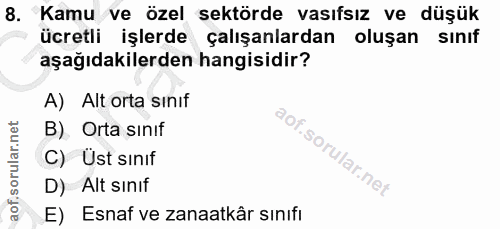 8. soru: Kamu ve özel sektörde vasıfsız ve düşük ücretli işlerde çalışanlardan oluşan sınıf aşağıdakilerden hangisidir? A) Alt…