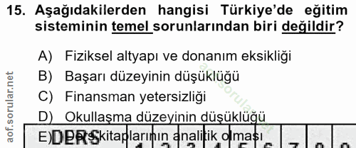 15. soru: Aşağıdakilerden hangisi Türkiye'de eğitim sisteminin temel sorunlarından biri değildir? A) Fiziksel altyapı ve donanı…