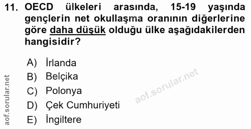 11. soru: OECD ülkeleri arasında, 15-19 yaşında gençlerin net okullaşma oranının diğerlerine göre daha düşük olduğu ülke aşağıd…