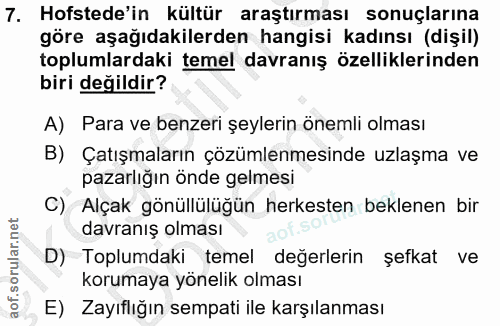 7. soru: Hofstede in kültür araştırması sonuçlarına göre aşağıdakilerden hangisi kadınsı (dişil) toplumlardaki temel davranış…