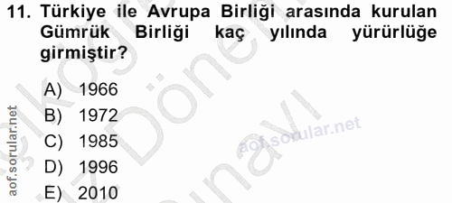 11. soru: Türkiye ile Avrupa Birliği arasında kurulan Gümrük Birliği kaç yılında yürürlüge girmiştir? A) 1966 B) 1972 ovular.ne…