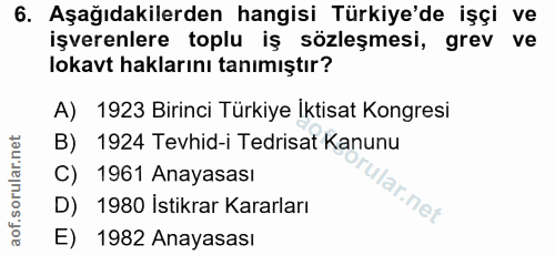 6. soru: Aşağıdakilerden hangisi Türkiye'de işçi ve işverenlere toplu iş sözleşmesi, grev ve lokavt haklarını tanımıştır? A) 1…