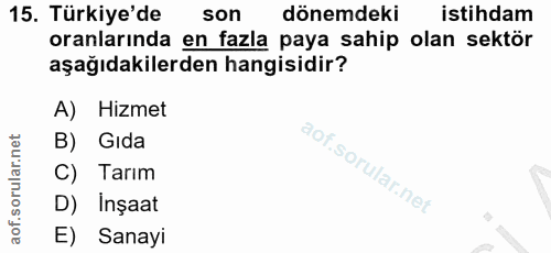 15. soru: Türkiye'de son dönemdeki istihdam oranlarında en fazla paya sahip olan sektör aşağıdakilerden hangisidir? A) Hizmet B…