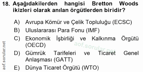 18. soru: Aşağıdakilerden hangisi Bretton Woods ikizleri olarak anılan örgütlerden biridir? A) Avrupa Kömür ve Çelik Topluluğu…