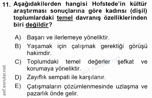 11. soru: Aşağıdakilerden hangisi Hofstede'in kültür araştırması sonuçlarına göre kadınsı (dişil) toplumlardaki temel davranış…