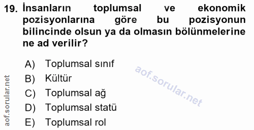 19. soru: Insanların toplumsal ve ekonomik pozisyonlarına göre bu pozisyonun bilincinde olsun ya da olmasın bölünmelerine ne ad…