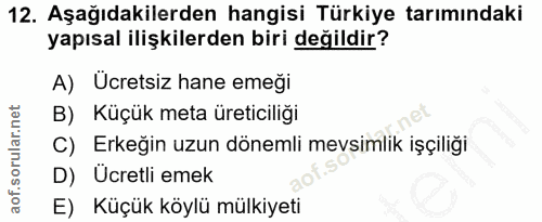 12. soru: Aşağıdakilerden hangisi Türkiye tarımındaki yapısal ilişkilerden biri değildir? A) Ucretsiz hane emeği B) Küçük meta…