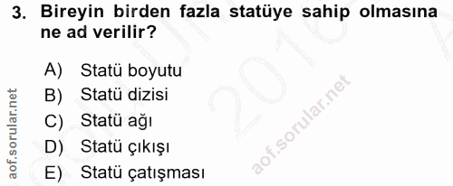 3. soru: Bireyin birden fazla statüye sahip olmasına ne ad verilir? A) Statü boyutu B) Statü dizisi C) Statü ağı D) Statü çıkı…