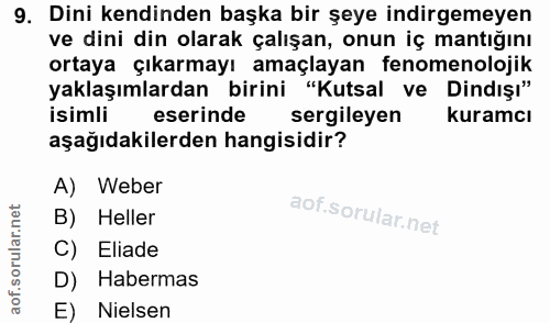 9. soru: Dini kendinden başka bir şeye indirgemeyen ve dini din olarak çalışan, onun iç mantığını ortaya çıkarmayı amaçlayan f…