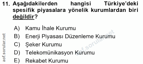 11. soru: Aşağıdakilerden hangisı Türkiye'deki spesifik piyasalara yönelik kurumlardan biri değildir? A) Kamu Ihale Kurumu B) E…