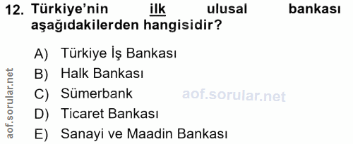 12. soru: Türkiye'nin ilk ulusal bankası aşağıdakilerden hangisidir? A) Türkiye İş Bankası B) Halk Bankası C) Sümerbank D) Tica…