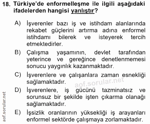 18. soru: Türkiye'de enformelleşme ile ilgili aşağıdaki ifadelerden hangisi yanlıştır? A) Işverenler bazı iş ve istihdam alanla…