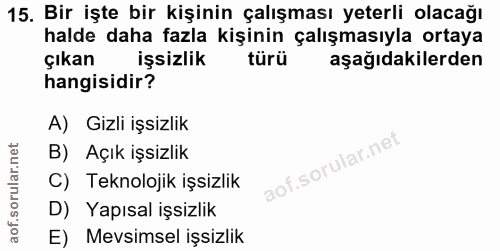 15. soru: Bir işte bir kişinin çalışması yeterli olacağı halde daha fazla kişinin çalışmasıyla ortaya çıkan işsizlik türü aşağı…