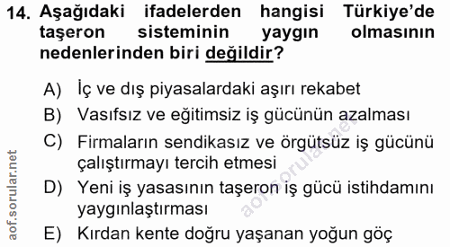 14. soru: Aşağıdaki ifadelerden hangisi Türkiye'de taşeron sisteminin yaygın olmasının nedenlerinden biri değildir? A) Iç ve dı…