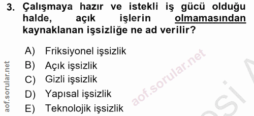 3. soru: Çalışmaya hazır ve istekli iş gücü olduğu halde, açık işlerin olmamasından kaynaklanan işsizliğe ne ad verilir? A) Fr…
