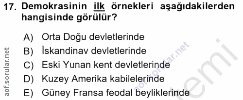 17. soru: Demokrasinin ilk örnekleri aşağıdakilerden hangisinde görülür? A) Orta Doğu devletlerinde B) İskandinav devletlerinde…