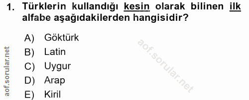 1. soru: Türklerin kullandığı kesin olarak bilinen ilk alfabe aşağıdakilerden hangisidir? A) Göktürk B) Latin C) Uygur i D) Ar…
