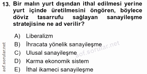 13. soru: Bir malın yurt dışından ithal edilmesi yerine yurt içinde üretilmesini öngören, böylece döviz tasarrufu sağlayan sana…