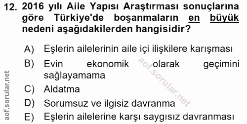 12. soru: 2016 yılı Aile Yapısı Araştırması sonuçlarına göre Türkiye'de boşanmaların en büyük nedeni aşağıdakilerden hangisidir…