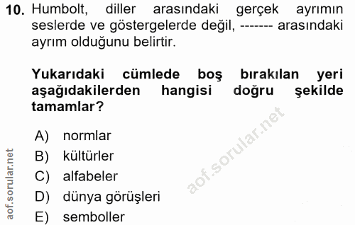 10. soru: Humbolt, diller arasındaki gerçek ayrımın seslerde ve göstergelerde değil, —- -- arasındaki ayrım olduğunu belirtir.…