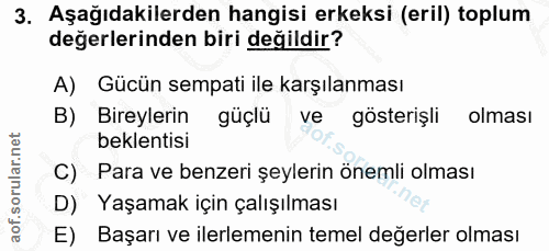 3. soru: Aşağıdakilerden hangisi erkeksi (eril) toplum değerlerinden biri değildir? A) Gücün sempati ile karşılanması B) Birey…