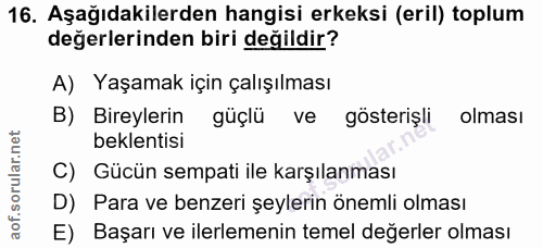 16. soru: Aşağıdakilerden hangisi erkeksi (eril) toplum değerlerinden biri değildir? A) Yaşamak için çalışılması B) Bireylerin…