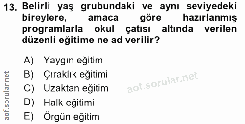 13. soru: Belirli yaş grubundaki ve aynı seviyedeki bireylere, amaca gore hazırlanmış programlarla okul çatısı altında verilen…