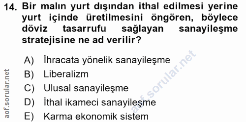14. soru: Bir malın yurt dışından ithal edilmesi yerine yurt içinde üretilmesini öngören, böylece döviz tasarrufu sağlayan sana…