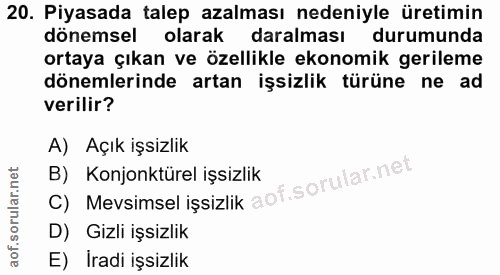 20. soru: Piyasada talep azalması nedeniyle üretimin dönemsel olarak daralması durumunda ortaya çıkan ve özellikle ekonomik ger…