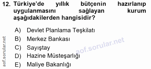 12. soru: Türkiye'de yıllık bütçenin hazırlanıp uygulanmasını sağlayan kurum aşağıdakilerden hangisidir? A) Devlet Planlama Teş…