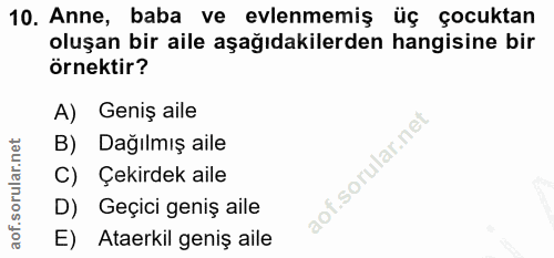 10. soru: Anne, baba ve evlenmemiş üç çocuktan oluşan bir aile aşağıdakilerden hangisine bir örnektir? A) Geniş aile B) Dagılmı…