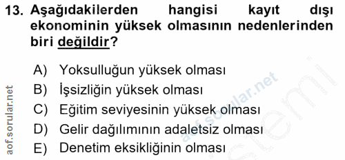 13. soru: Aşağıdakilerden hangisi kayıt dışı ekonominin yüksek olmasının nedenlerinden biri değildir? A) Yoksulluğun yüksek olm…