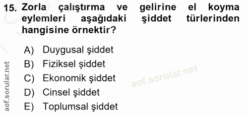 15. soru: Zorla çalıştırma ve gelirine el koyma eylemleri aşağıdaki şiddet türlerinden hangisine örnektir? A) Duygusal şiddet B…