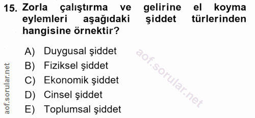 15. soru: Zorla çalıştırma ve gelirine el koyma eylemleri aşağıdaki şiddet türlerinden hangisine örnektir? A) Duygusal şiddet B…