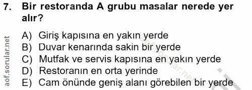7. soru: Bir restoranda A grubu masalar nerede yer alır? A) Giriş kapısına en yakın yerde B) Duvar kenarında sakin bir yerde C…
