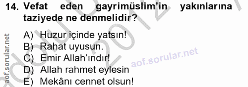 14. soru: Vefat eden gayrimüslim'in yakınlarına taziyede ne denmelidir? A) Huzur içinde yatsın! B) Rahat uyusun. Emir Allah'ınd…