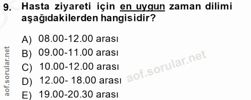 9. soru: Hasta ziyareti için en uygun zaman dilimi aşağıdakilerden hangisidir? A) 08.00-12.00 arası B) 09.00-11.00 arası C) 10…