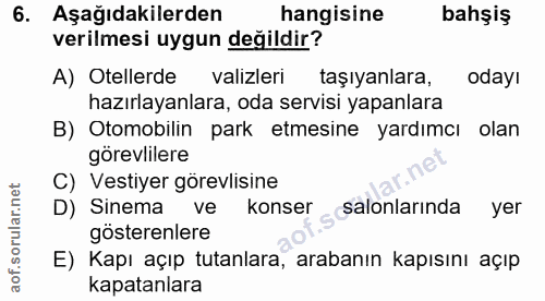 6. soru: Aşağıdakilerden hangisine bahşiş verilmesi uygun değildir? A) Otellerde valizleri taşıyanlara, oday! hazırlayanlara,…