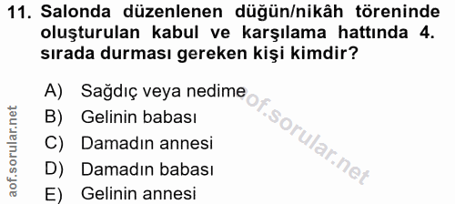 11. soru: Salonda düzenlenen düğün/nikâh töreninde oluşturulan kabul ve karşılama hattında 4. sırada durması gereken kişi kimdi…
