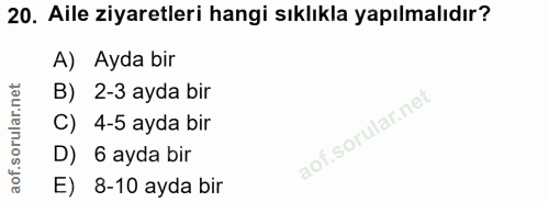 20. soru: Aile ziyaretleri hangi sıklıkla yapılmalıdır? A) Ayda bir B) 2-3 ayda bir C) 4-5 ayda bir D) 6 ayda bir E) 8-10 ayda bir