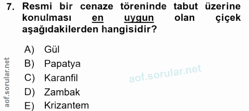 7. soru: Resmi bir cenaze töreninde tabut üzerine konulması en uygun olan çiçekl aşağıdakilerden hangisidir? A) Gül B) Papatya…