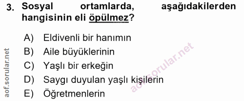 3. soru: Sosyal ortamlarda, aşağıdakilerden hangisinin eli öpülmez? A) Eldivenli bir hanımın B) Aile büyüklerinin prular.net C…