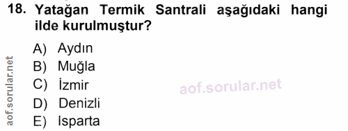 18. soru: Yatağan Termik Santrali aşağıdaki hangi ilde kurulmuştur? A) Aydın B) Muğla C) izmir D) Denizli E) Isparta