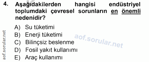 4. soru: Aşağıdakilerden hangisi endüstriyel toplumdaki çevresel sorunların en önemli nedenidir? A) Su tüketimi B) Enerji tüke…