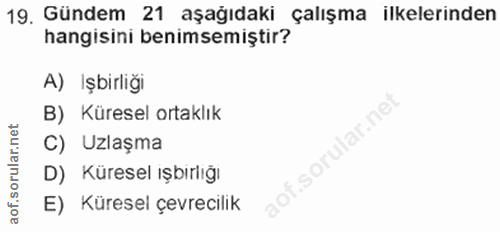 19. soru: Gündem 21 aşağıdaki çalışma ilkelerinden hangisini benimsemiştir? A) İşbirliğı B) Küresel ortaklık C) Uzlaşma D) Küre…