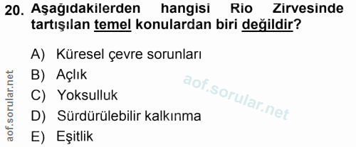 20. soru: Aşağıdakilerden hangisi Rio Zirvesinde tartışılan temel konulardan biri değildir? A) Küresel çevre sorunları B) Açlık…