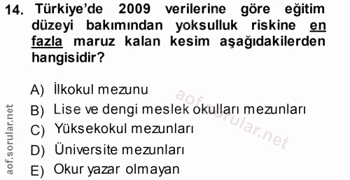 14. soru: Türkiye'de 2009 verilerine göre eğitim düzeyi bakımından yoksulluk riskine en fazla maruz kalan kesim aşağıdakilerden…