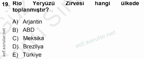 19. soru: Rio Yeryüzü Zirvesi hangi ülkede toplanmıştır? A) Arjantin B) ABD C) Meksika D) Brezilya E) Türkiye