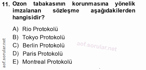 11. soru: Ozon tabakasının korunmasına yönelik imzalanan sözleşme aşağıdakilerden hangisidir? A) Rio Protokolü B) Tokyo Protoko…